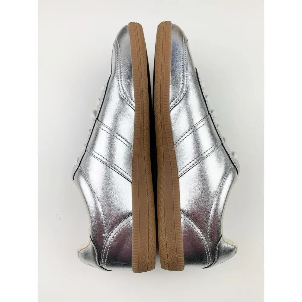 J Crew Field Sneakers Metallic Silver Faux Leather Women's 9 Extra Wide Casual